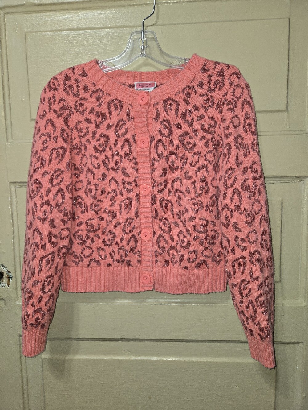 Kate Spade Animal Print Pink Metallic Thread Button Front Cardigan EUC Size: S